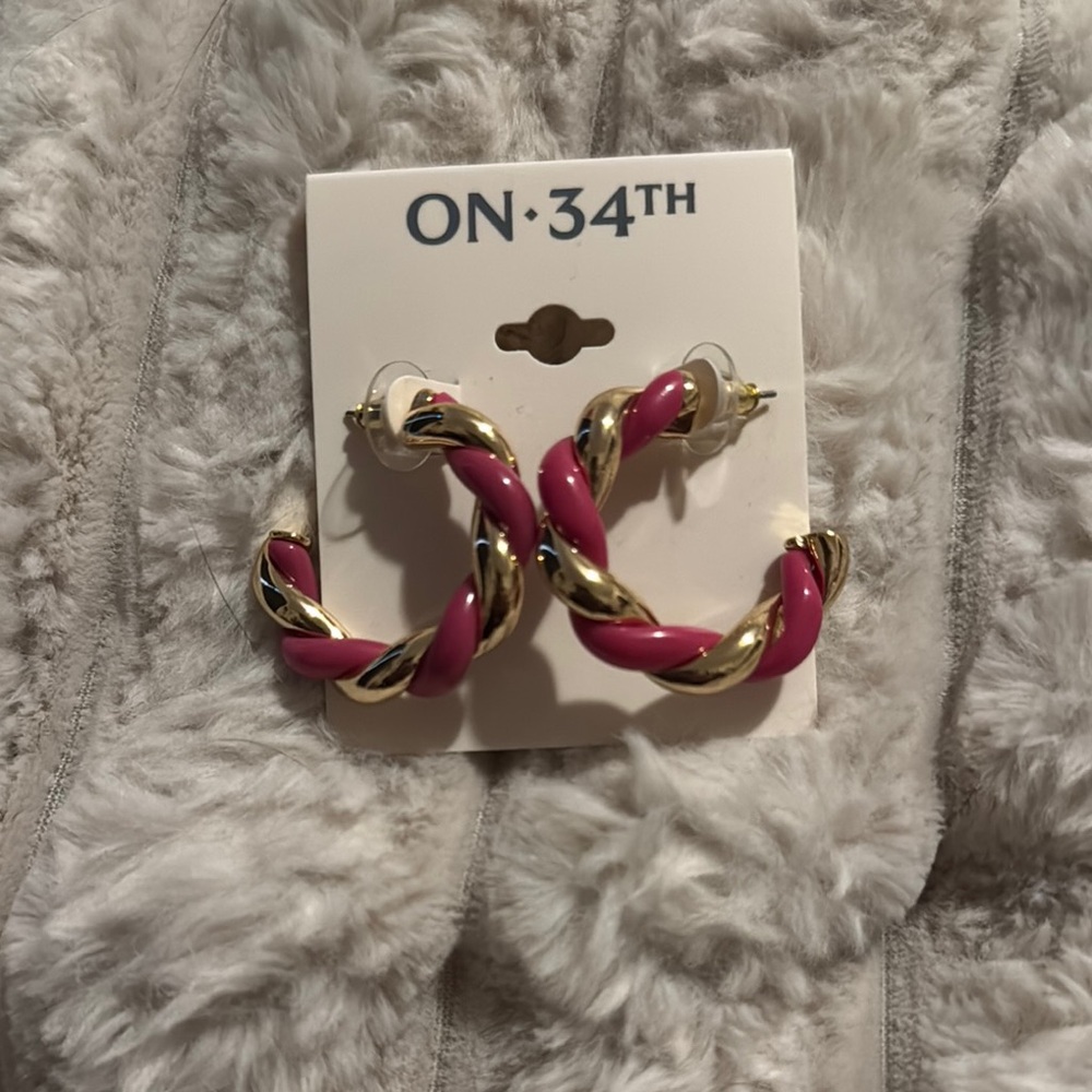 Pink and Gold Twisted Hoop Earrings